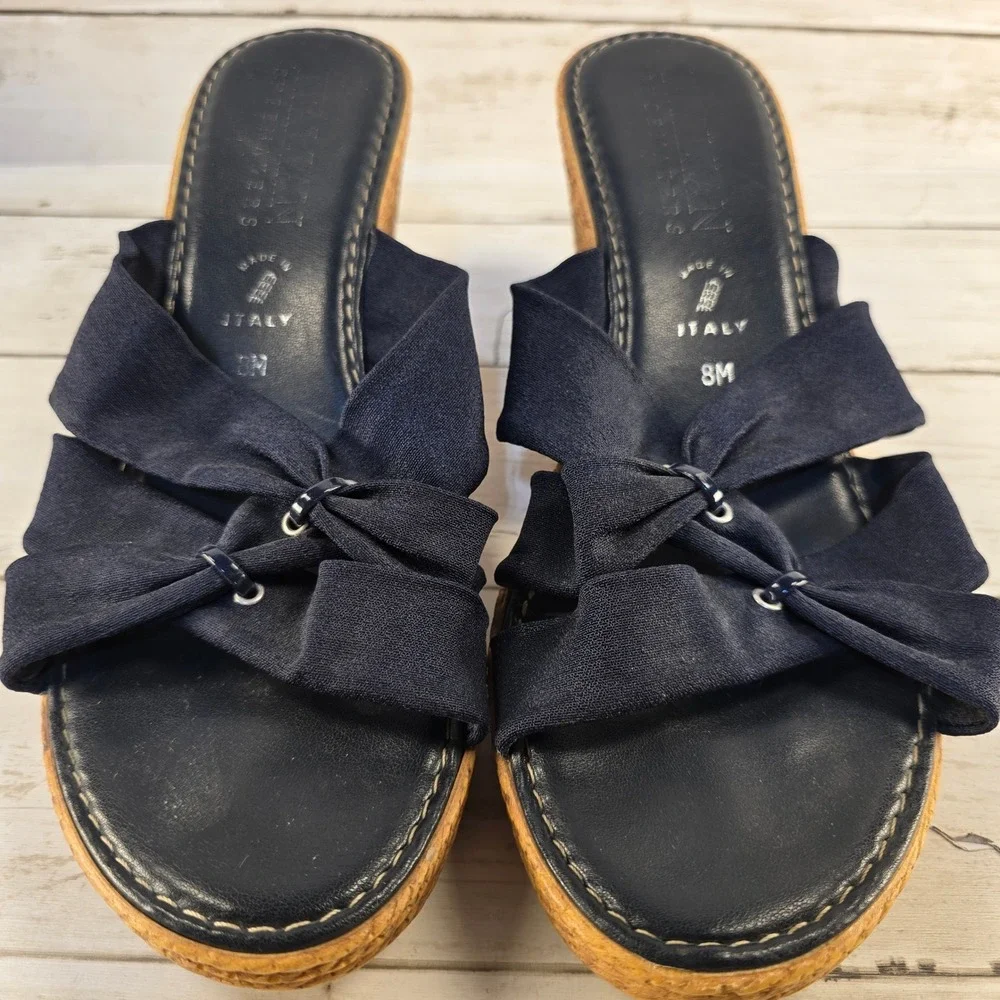 Italian‎ Shoemakers Navy Blue Wedge Sandals Knotted Fabric Espadrille Mules 8M